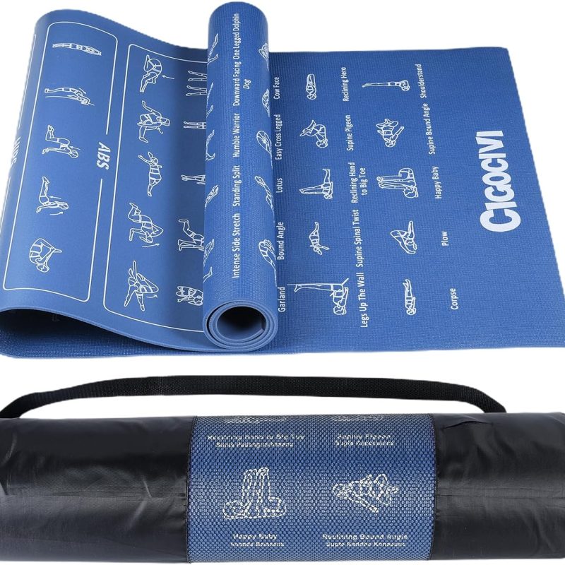 CIGOCIVI Instructional Travel Yoga Mat with 75 Asanas Poses & Exercises - Christmas Gifts for Wife and Girls. Exercise Mat for Home Workout. Includes Carrying Bag. 68x24x0.25 (Blue) : Sports & Outdoors
