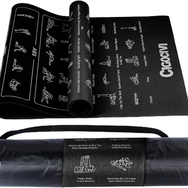 CIGOCIVI Instructional Travel Yoga Mat with 75 Asanas Poses & Exercises - Christmas Gifts for Wife and Girls. Exercise Mat for Home Workout. Includes Carrying Bag. 68x24x0.25 (Black) : Sports & Outdoors