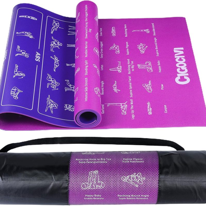 CIGOCIVI Instructional Travel Yoga Mat with 75 Asanas Poses & Exercises - Christmas Gifts for Wife and Girls. Exercise Mat for Home Workout. Includes Carrying Bag. 68x24x0.25 (Purple/Blue) : Sports & Outdoors